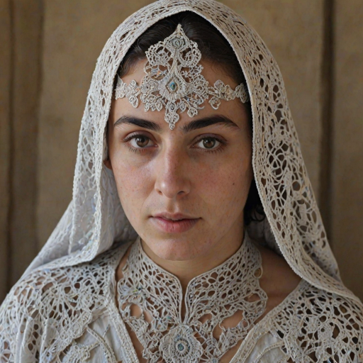 Face, shoulders, chest covered in openwork Druze embroidery. Raw, unedited image.