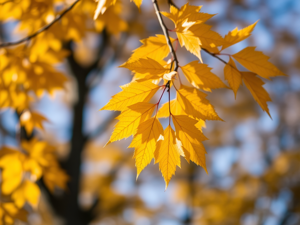 Capture a vibrant autumn scene with golden leaves in focus against a softly blurred background, using a DSLR camera with a 50mm lens, aperture set to f/1.8, shutter speed at 1/200s, ISO 100, natural lighting, and taken at eye level to emphasize the rich colors and textures.