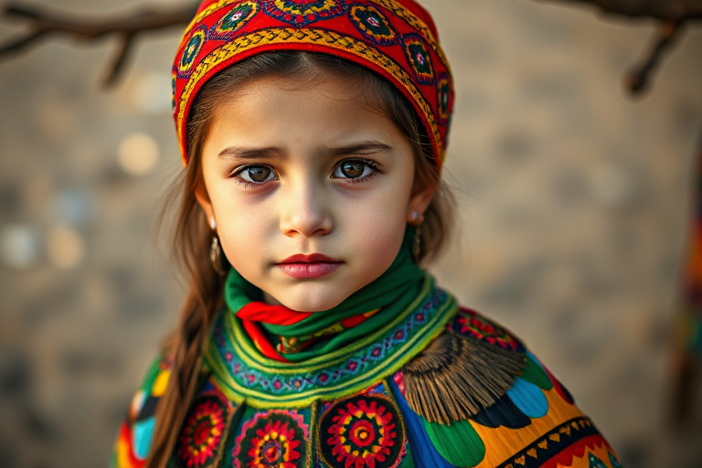 A beautiful Afghan girl, wearing colorful bird clothing with vibrant colors