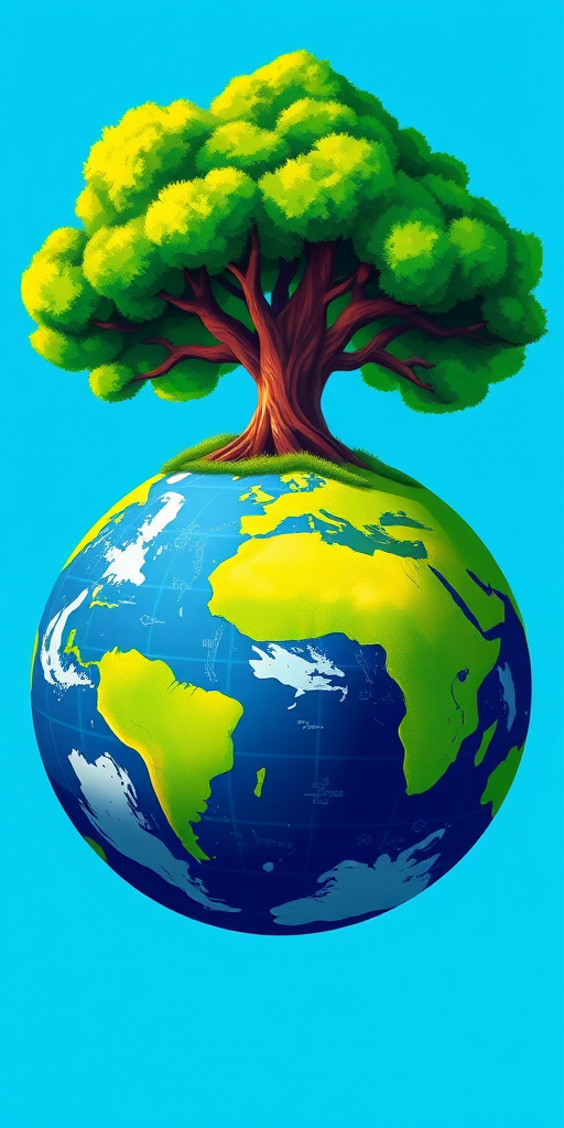Create a vibrant illustration of a stylized Earth with a large tree on top, focus on bright greens for the tree and vivid blue for the Earth, shot with a Canon EOS 5D Mark IV at f/8, ISO 100, 24mm focal length, soft lighting, top-down view for depth and clarity.