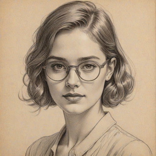 Radiant Madelyn Cline, pencil sketch, portrait of Appealing woman 1924s in glasses, hair style beatnik, outline, clear lines, fine lines, 8k