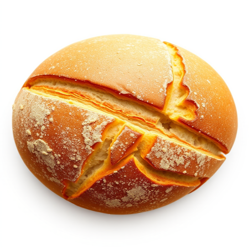 illustration of a freshly baked loaf of bread with golden crust and detailed scoring, high resolution, 50mm lens, f/2.8 aperture, soft lighting, top-down view, digital illustration style