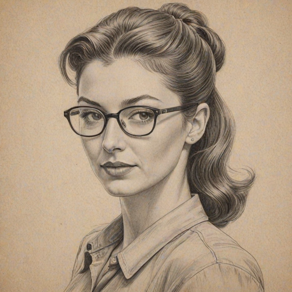 Charming Bianca Kajlich, pencil sketch, portrait of Fetching woman 1942s in glasses, hair style beatnik, outline, clear lines, fine lines, 8k