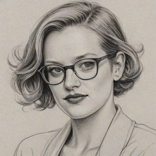 Alluring Elizabeth Moss, pencil sketch, portrait of Graceful woman 1947s in glasses, hair style beatnik, outline, clear lines, fine lines, 8k