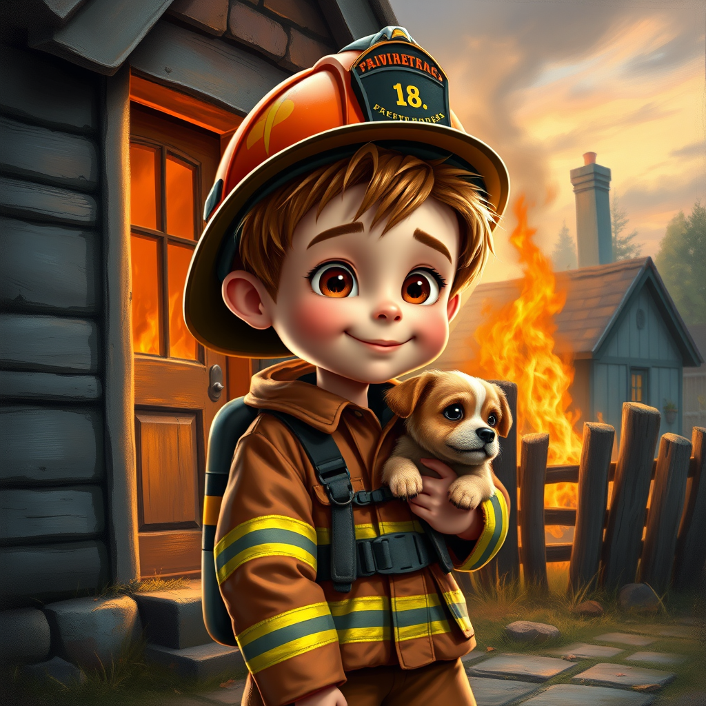 airbrushed oil painting, pixar style, cute little boy in fireman gear, helmet, tousled hair, expressive eyes, standing in the doorstep of a cottage burning behind him, holding a cute little dog in his arm, atumn sky