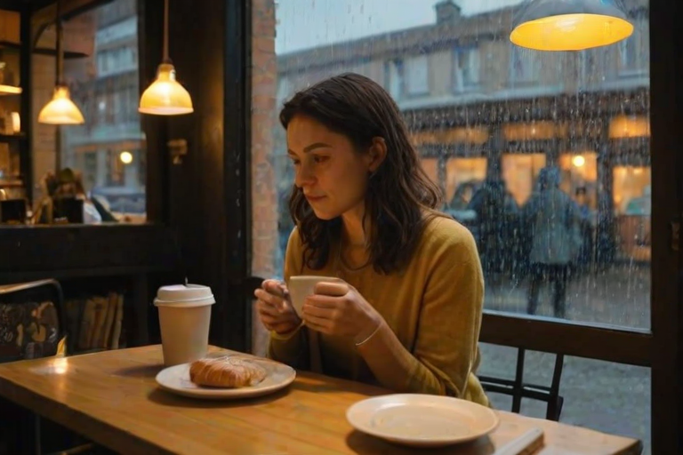 Low-light shot, a woman sitting by a large window in a small cafe, rain tapping on the glass, her hands wrapped around a warm mug, soft yellow lighting from hanging lamps, shelves of books lining the walls, a plate with a half-eaten croissant beside her.