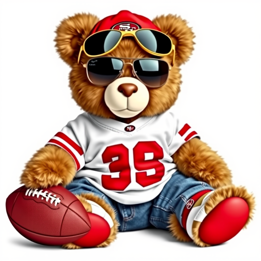 A cute and fluffy teddy bear dressed in a San Francisco 49ers-themed outfit, wearing a red cap with the 49ers logo, aviator sunglasses, and a white football jersey with red accents. The bear is also wearing casual jeans and red and white sneakers, while sitting in a relaxed pose with a football beside it. The teddy bear has a cool, laid-back attitude, with a sporty vibe. The background is clean and minimal, highlighting the bear as the main focus.