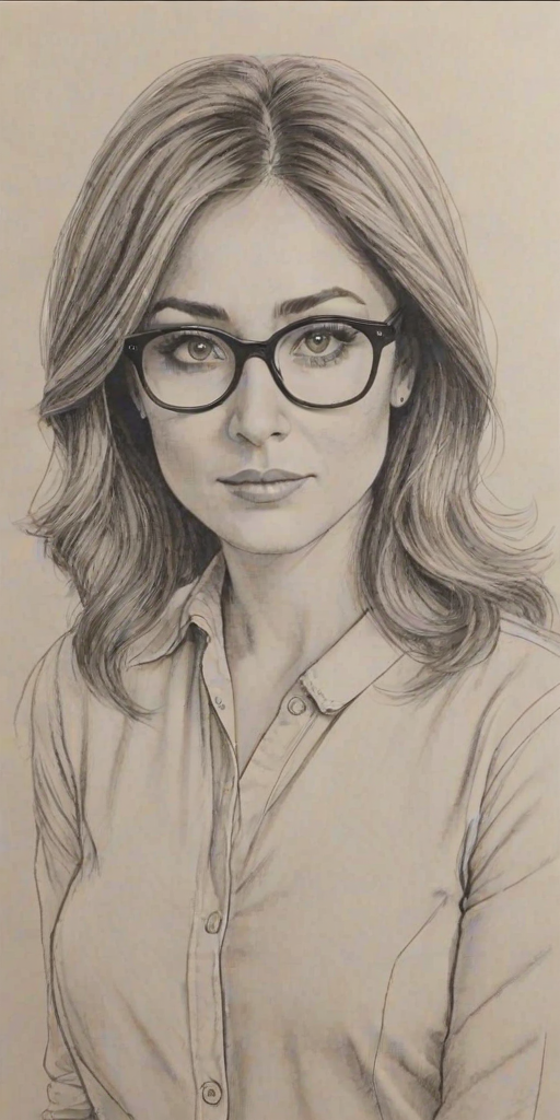 Magnificent Sasha Alexander, pencil sketch, portrait of Fetching woman 1963s in glasses, hair style beatnik, outline, clear lines, fine lines, 8k