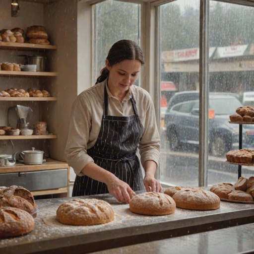 Cozy bakery on a rainy day, the smell of freshly baked bread filling the air, a woman in an apron stands behind the counter, carefully frosting a cake as the rain patters against the window.