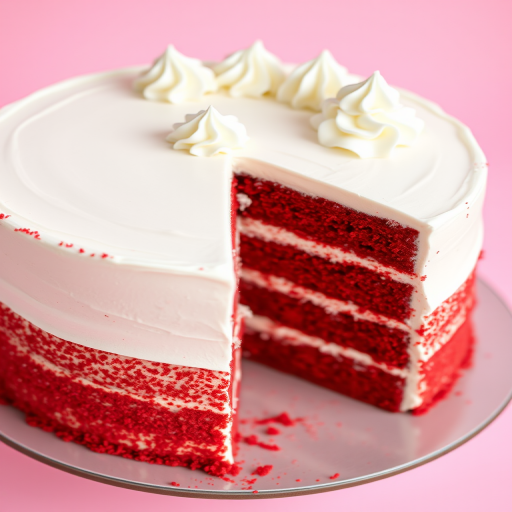 A beautifully decorated red velvet cake with white frosting and piped cream on top, showcasing a slice removed to reveal the layered interior, set against a soft pink background.