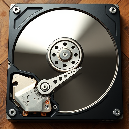 Create a high-resolution digital illustration of a hard drive with a glossy finish, top-down view, 50mm lens, f/8 aperture, 1/125 sec exposure, natural lighting, 300 DPI.