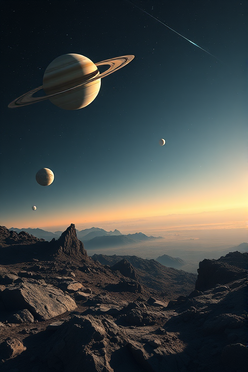 Create a high-resolution image of a distant planet landscape featuring Saturn in the sky, with its rings prominently displayed, other planets visible in the background, and rugged, rocky terrain in the foreground, captured with a DSLR camera at a focal length of 24mm, aperture f/8, ISO 100, using a wide-angle view for depth and clarity.