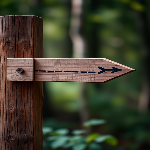 Create a high-resolution image of a wooden signpost with an arrow pointing right, captured with a DSLR camera using a 50mm lens, aperture set to f/2.8, shutter speed of 1/125s, and ISO 100, with a shallow depth of field and a soft blurred background.