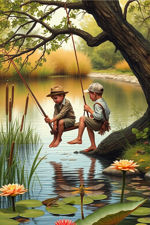 Imagine a small group of old fashioned young boys out fishing by the creek, a swing hanging from a tree branch, reeds and grasses by the water's edge, a frog sitting on a lily pad, dragonflies hovering over som water plans, a very iconic old fashioned scene reminiscent of a Norman Rockwell painting style