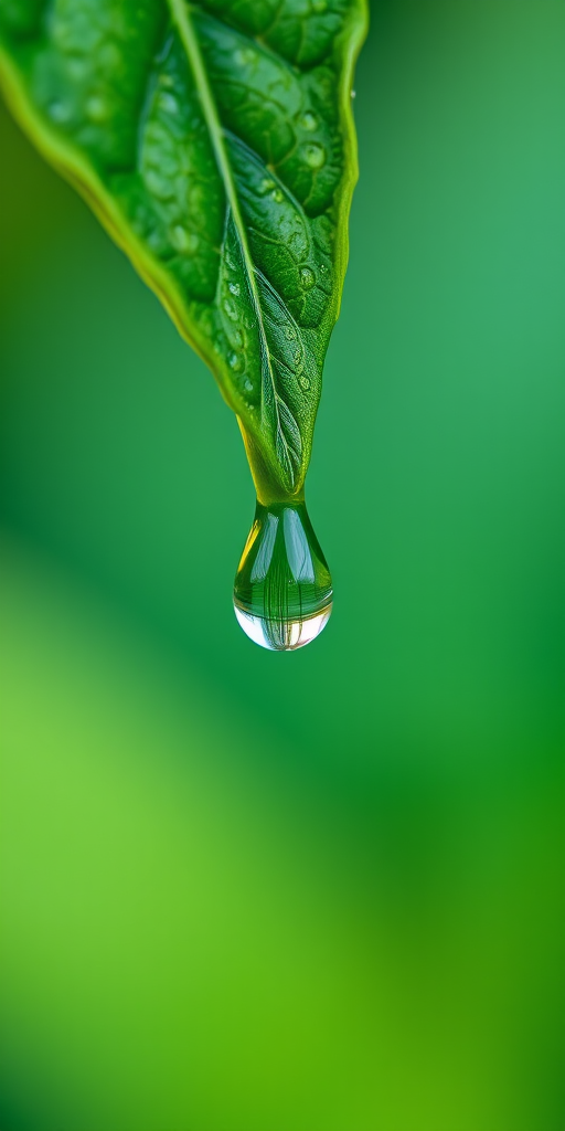 macro shot of a water droplet hanging from a green leaf with a blurred background, f/2.8 aperture, 1/200 sec shutter speed, ISO 100, taken with a DSLR camera with a macro lens, natural lighting