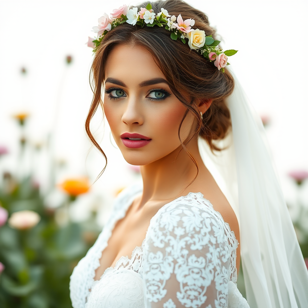 Garden scene, bridal model, delicate lace gown, floral headpiece, soft romantic focus, high-key lighting and an 85mm lens for soft, even tones that highlight the model’s face and bright outfit against a white or light background