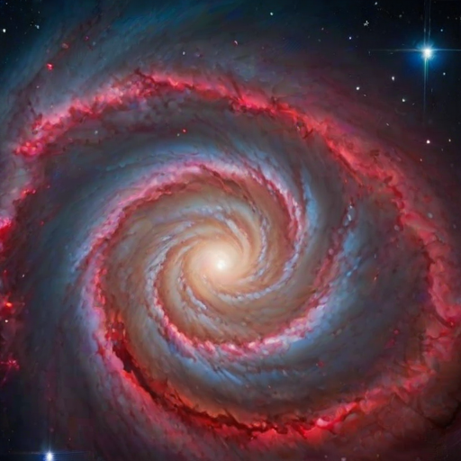 create a vibrant, high-resolution image of a swirling galaxy with deep blues and fiery reds, featuring a bright central star surrounded by nebulous clouds and cosmic dust