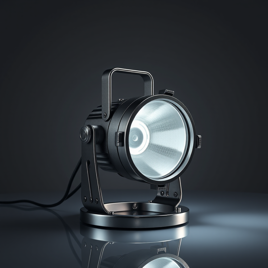 Create a high-resolution 3D render of a vintage-style spot lamp on a reflective surface, using a 35mm lens, aperture f/8, ISO 100, 1/125 sec shutter speed, in a soft studio light setup for enhanced shadows and highlights.
