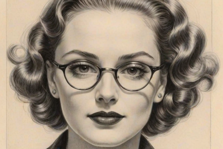 Exquisite Sophie Wylie, pencil sketch, portrait of Alluring woman 1935s in glasses, hair style beatnik, outline, clear lines, fine lines, 8k