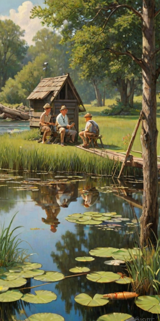 Imagine a small group of old fashioned young boys out fishing by the creek, a swing hanging from a tree branch, reeds and grasses by the water's edge, a frog sitting on a lily pad, dragonflies hovering over som water plans, a very iconic old fashioned scene reminiscent of a Norman Rockwell painting style