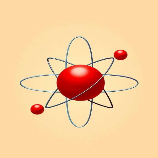 Create a detailed illustration of an atom with a central red sphere and orbiting electrons, using a Canon EOS R5 camera with a 50mm lens at f/1.8, shot from a top-down view, utilizing a soft lighting style to enhance image clarity and vibrancy against a creamy beige background.