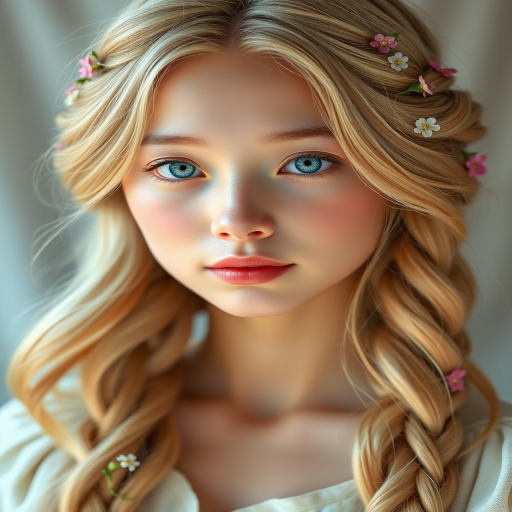 Create an image of a young Japanese woman with long, wavy blonde hair, adorned with small, colorful flowers woven into her braids and loose strands. Her complexion is fair, with soft, glowing skin, and she has light blue eyes that gaze softly at the viewer. She wears a light, flowing dress with a gentle, ethereal quality, complementing her delicate and serene appearance. The background is slightly blurred, drawing focus to her tranquil expression and the intricate details of the flowers in her hair. The overall mood of the image is one of natural beauty and grace, evoking a sense of peacefulness and connection with nature.