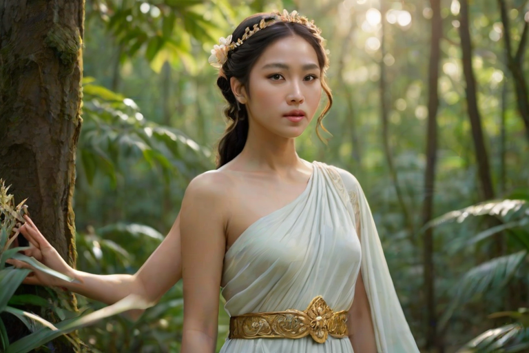 Create a portrait of a goddess-like Singaporean girl figure in a tranquil, forested environment. She has an elegant appearance with long, wavy hair styled in an updo and adorned with a delicate, floral headband. She wears a flowing, ancient Greek-inspired gown in a soft, pale color, featuring a one-shoulder design and draped fabric that accentuates her graceful form. The outfit includes a decorative belt with ornate gold detailing, and she holds a bow in her hand, with a quiver of arrows slung over her shoulder. The background depicts lush greenery, with sunlight filtering through the trees, casting a gentle, ethereal light on the scene. Her expression is calm and contemplative, embodying a sense of wisdom and serenity.