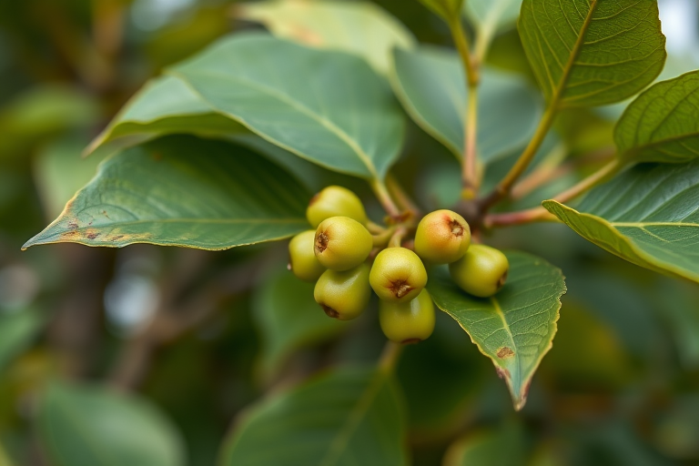 Capture a close-up shot of the leaves and fruits of a curry leaf tree, focus on the small, round, green fruits with a slight blush of red, using a Nikon D850 camera, 50mm lens, aperture f/2.8, ISO 100, natural lighting, with a shallow depth of field to create a soft bokeh effect in the background.