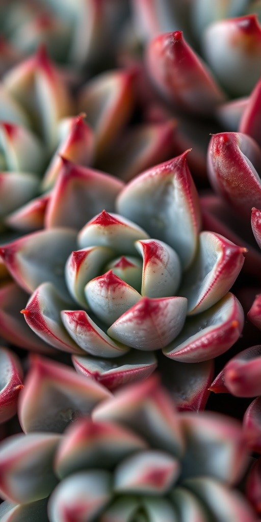 close-up of succulent plants with intricate details and contrasting colors, using a DSLR camera with a 50mm lens, aperture f/2.8, ISO 100, shallow depth of field, natural lighting, macro photography style