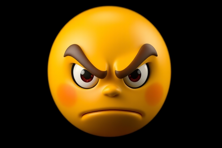 Create an image of an angry emoji face with pronounced eyebrows and expressive eyes, using a 50mm lens at f/1.8, shot from a front view with soft studio lighting in high resolution.