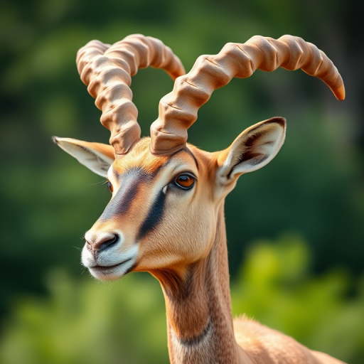 A close-up photograph of a majestic ibex with impressive curved horns, captured in natural light using a DSLR camera at f/2.8 aperture, ISO 200, with a 50mm lens, focusing on the animal's profile against a blurred green background for depth of field.