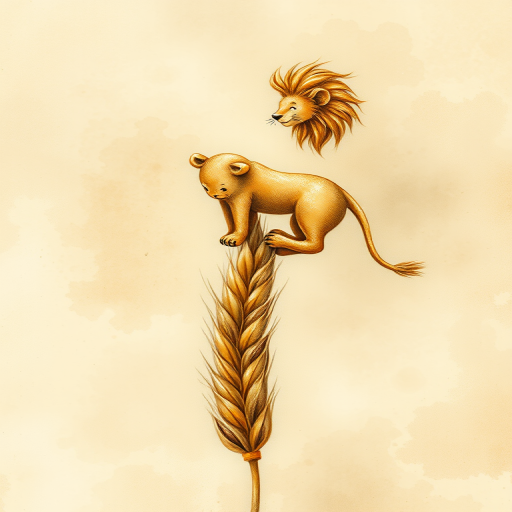 Soft, muted Alcohol Ink with ebru effect background image of tiny whimsical lion, who climbed high on the top of a golden rye ear.