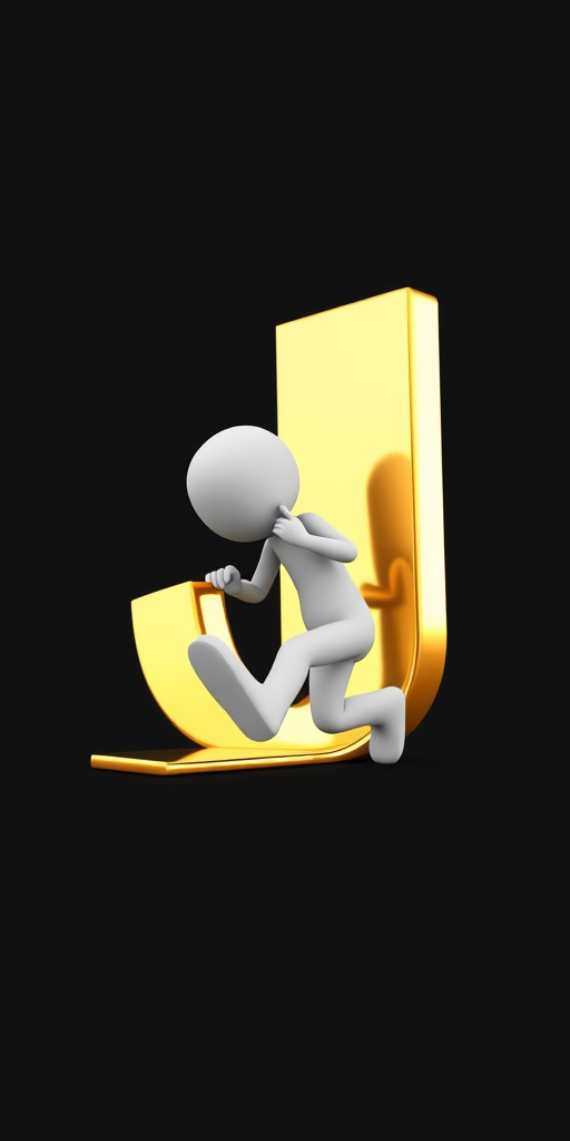create a 3D render of a small white character pushing a large shiny gold letter J, focus on bright lighting and high contrast, use a shallow depth of field, camera settings: f/2.8, ISO 100, shutter speed 1/200s, perspective view from slightly below the character, use a digital SLR camera style for enhanced clarity and detail