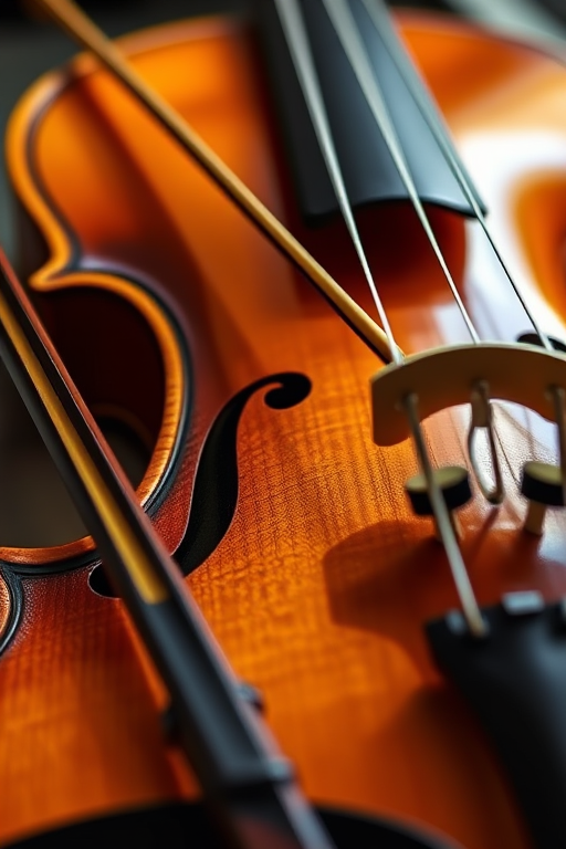 Create a detailed illustration of a violin with a bow, capturing intricate wood grain and shiny strings, using a shallow depth of field, 50mm lens at f/2.8, ISO 200, natural light from the side, photographed from a slightly elevated angle to showcase the body and neck of the instrument.