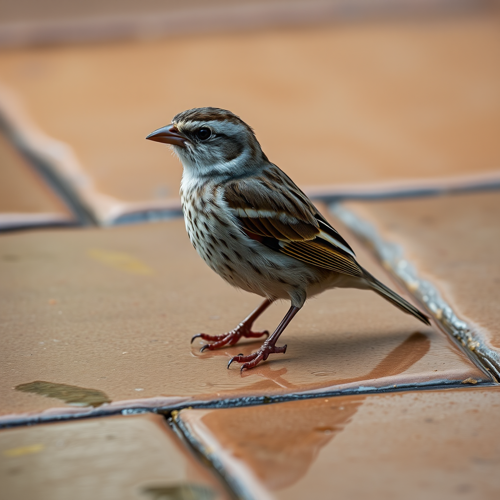 A small sparrow standing on wet tiled ground with reflections, shot with a Canon EOS 5D Mark IV, 50mm lens, aperture f/2.8, shutter speed 1/500s, ISO 200, natural lighting at a low angle for enhanced depth and detail.