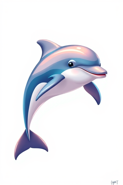 Create an illustration of a dolphin with a sleek design, vibrant colors, a smooth surface, and bright expression, captured with a high-resolution digital camera at f/5.6 aperture, 1/200 shutter speed, in a studio setting with soft lighting, using a 50mm lens for a clean focus.