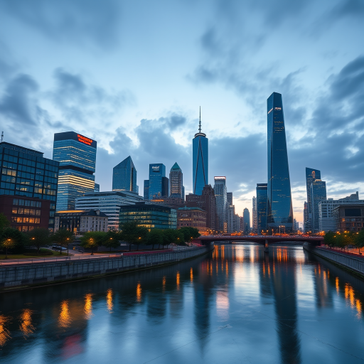 create an image of a modern city skyline at dusk with a reflective river in the foreground, captured with a Canon EOS R5, 24mm lens, f/8 aperture, ISO 100, shutter speed of 1/30s, using a wide-angle perspective to enhance detail and depth