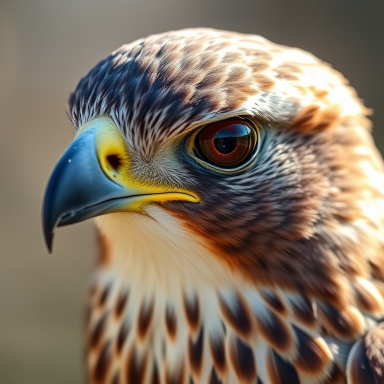 capture a close-up of a falcon's head with sharp focus on the eye, natural daylight, aperture f/2.8, shutter speed 1/200s, ISO 100, DSLR camera, shallow depth of field