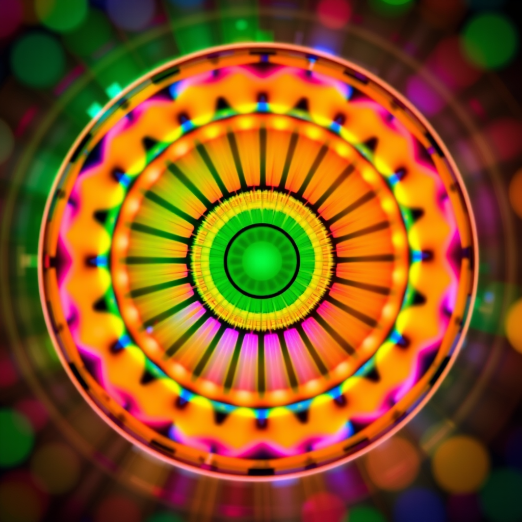 Create a vibrant abstract circular design with a green center, using a Canon EOS R5, 50mm lens, f/1.8 aperture, ISO 100, and a bright, colorful bokeh background to enhance the image quality.
