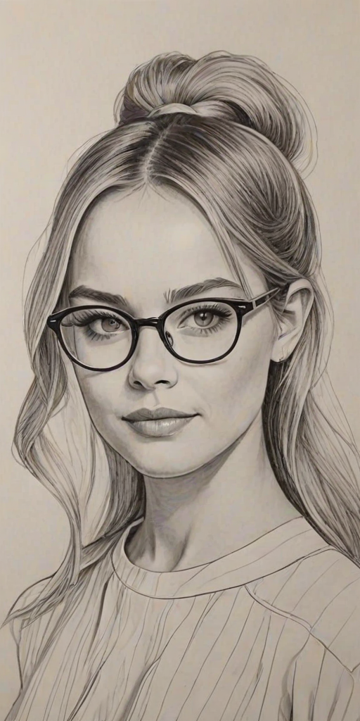Comely Madison Iseman, pencil sketch, portrait of Wonderful woman 1968s in glasses, hair style beatnik, outline, clear lines, fine lines, 8k