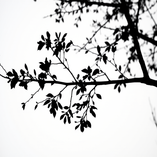 Generate a high-contrast black and white silhouette image of a tree branch against a bright background, shot with a Canon EOS 5D Mark IV, 50mm lens, aperture f/2.8, shutter speed 1/250s, ISO 100, using top-down view to enhance depth and detail.