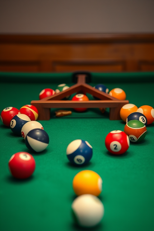 Pool balls arranged around a wooden rack on a green felt table, captured with a Canon EOS 5D Mark IV, 50mm lens, f/2.8 aperture, ISO 100, using soft lighting for enhanced texture and detail.