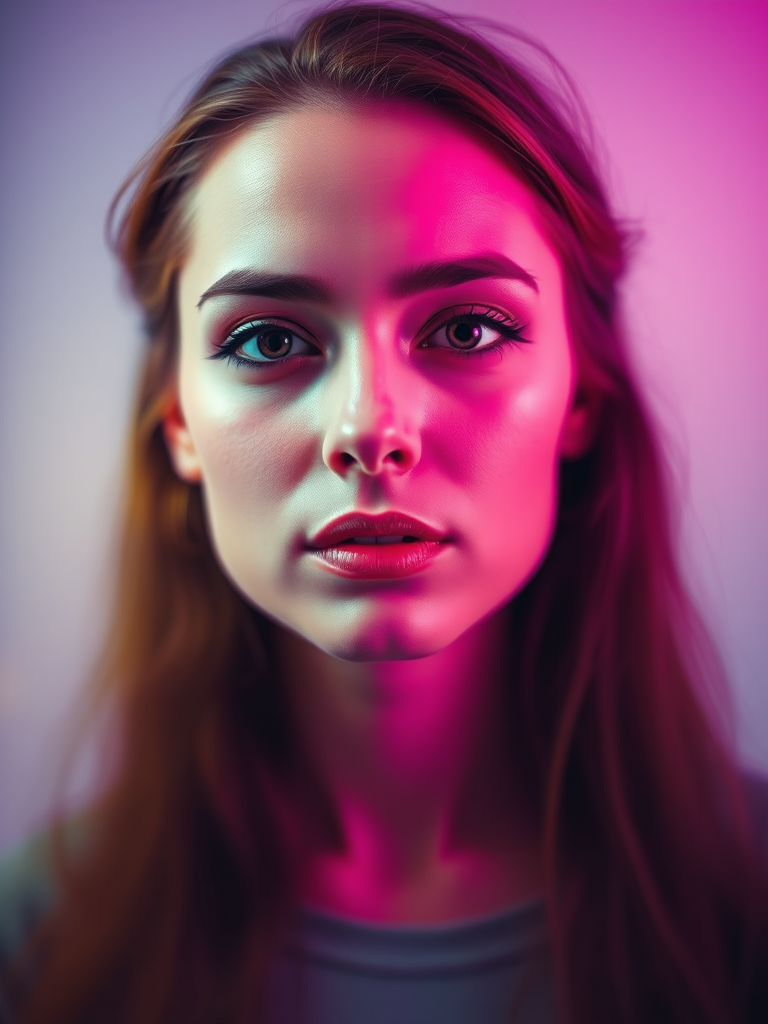 Create an abstract portrait of a woman with vibrant magenta and yellow colors, using a digital art style with a soft focus effect, taken with a DSLR camera at f/2.8, ISO 100, 50mm lens from a frontal view, emphasizing texture and color contrast.