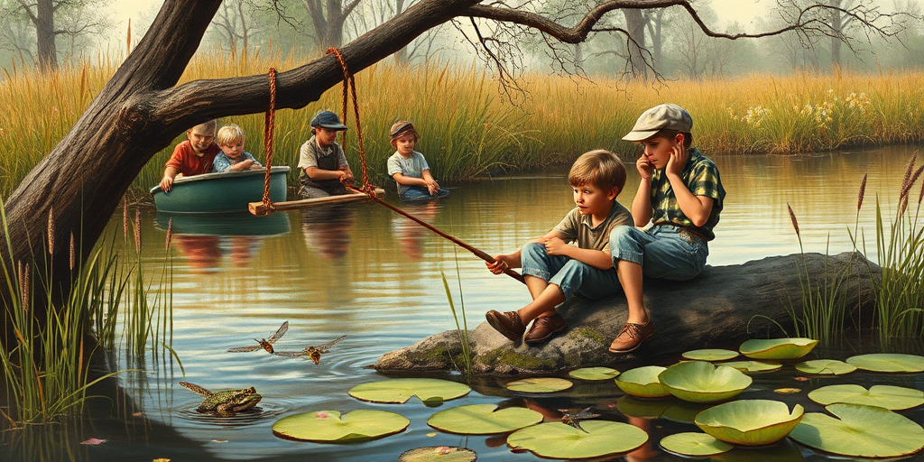 Imagine a small group of old fashioned young boys out fishing by the creek, a swing hanging from a tree branch, reeds and grasses by the water's edge, a frog sitting on a lily pad, dragonflies hovering over som water plans, a very iconic old fashioned scene reminiscent of a Norman Rockwell painting style