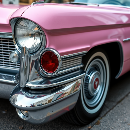 Capture a side view of a vintage pink Cadillac, ensuring high detail and sharpness, using a Canon EOS R5 with a 50mm lens, f/1.8 aperture, ISO 100, and a high-resolution setting to enhance image quality.