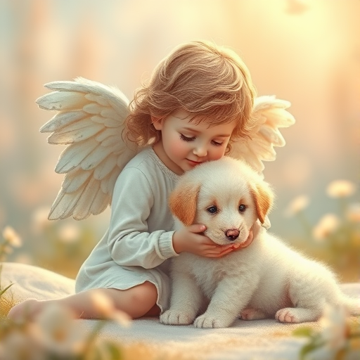 Create a detailed illustration of a cherubic figure with delicate wings interacting with a soft, fluffy puppy in a serene setting, use a Canon EOS R5 camera with a 50mm f/1.2 lens, set ISO 100, aperture f/2.8, shutter speed 1/200s, and capture from a low angle to enhance depth and detail.