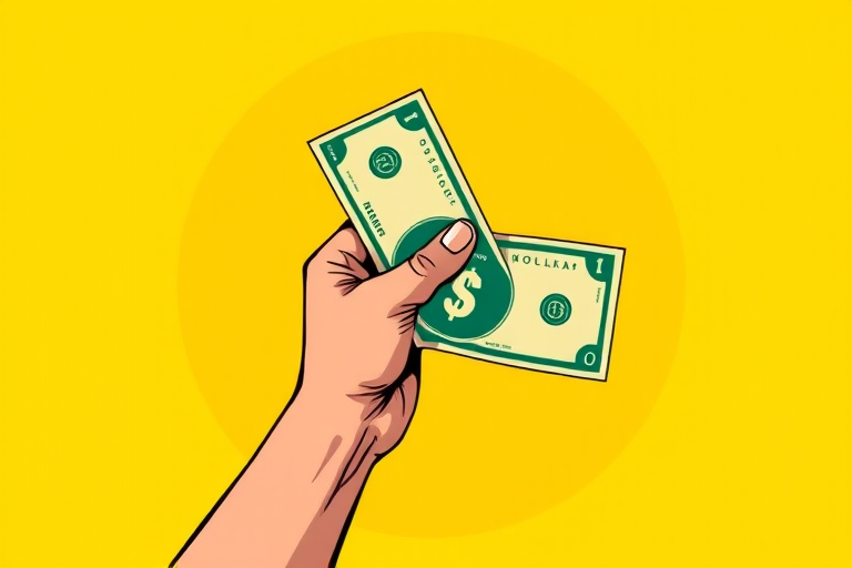 Create a vibrant illustration of a hand holding a dollar bill, set against a bright yellow circular background, with a focus on high contrast and bold colors, in a vector style, using a digital tablet for drawing, ensuring a resolution of 300 DPI and a clean, crisp look.