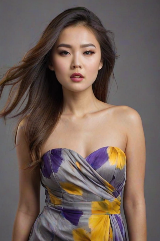 Photographic image of a beautiful young Kazakh woman, brown eyes, lips with Yellow lipstick, long hair fluttering in the wind and wearing a silk strapless dress with a soft purple and orange print. monochrome image with only color highlights in the iris of the eyes, lipstick and dress. Gray background.
