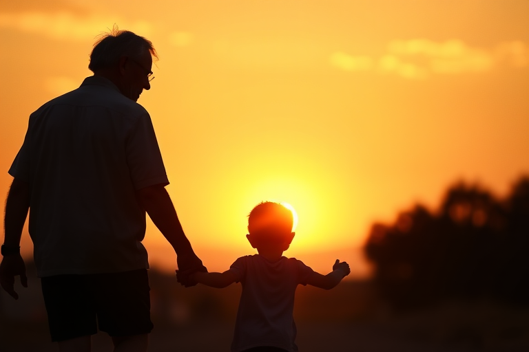silhouette of a grandfather, father, and child walking hand in hand at sunset with an orange and yellow gradient sky, shot with a Canon EOS R5, 50mm lens, f/2.8 aperture, ISO 100, with a wide-angle view to capture the horizon and shadows, in a minimalist style