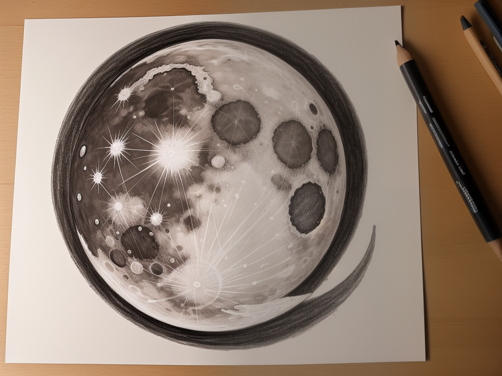 Intricate Black and White Illustration of a Celestial Moon Landscape